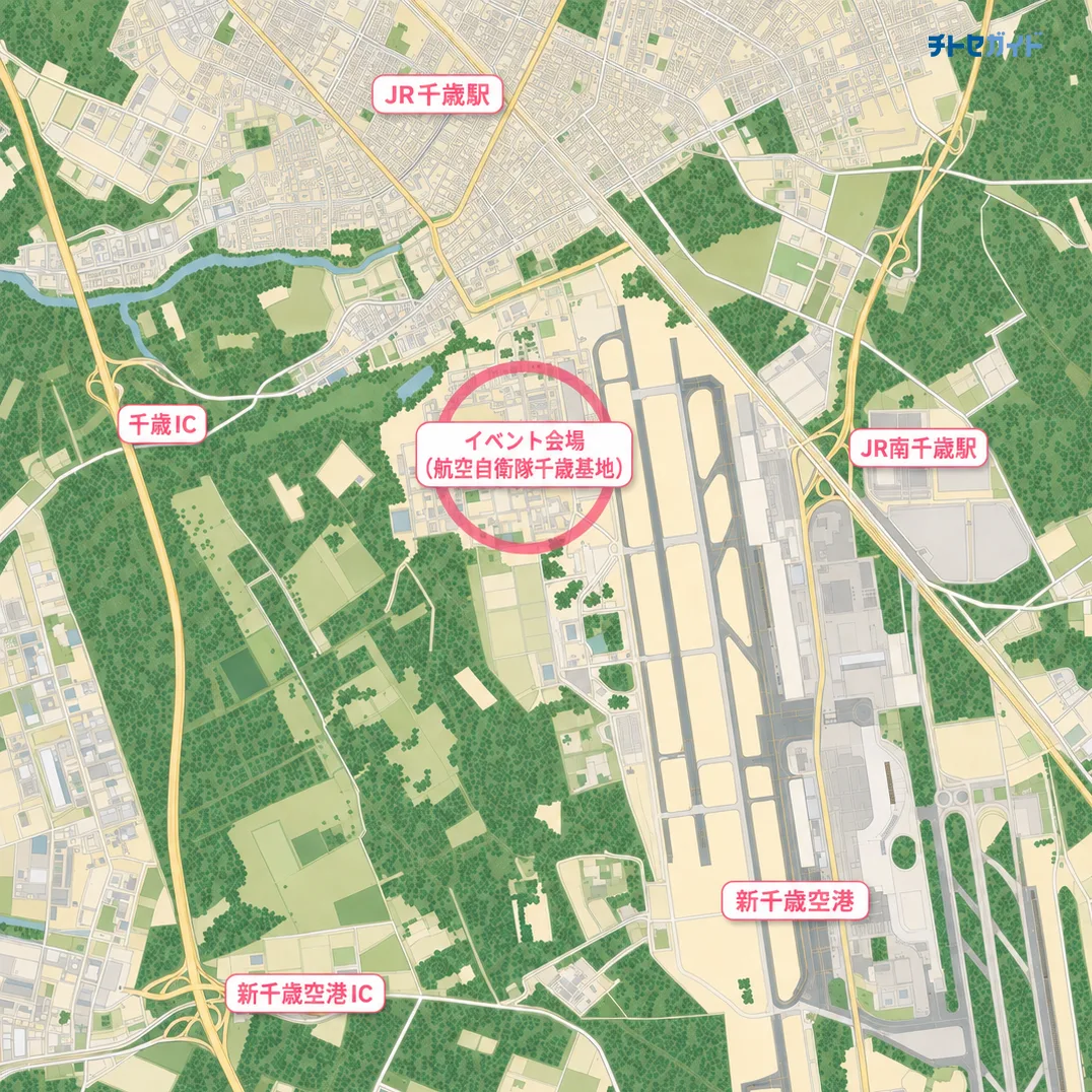 2026年千歳のまちの航空祭の広域マップ